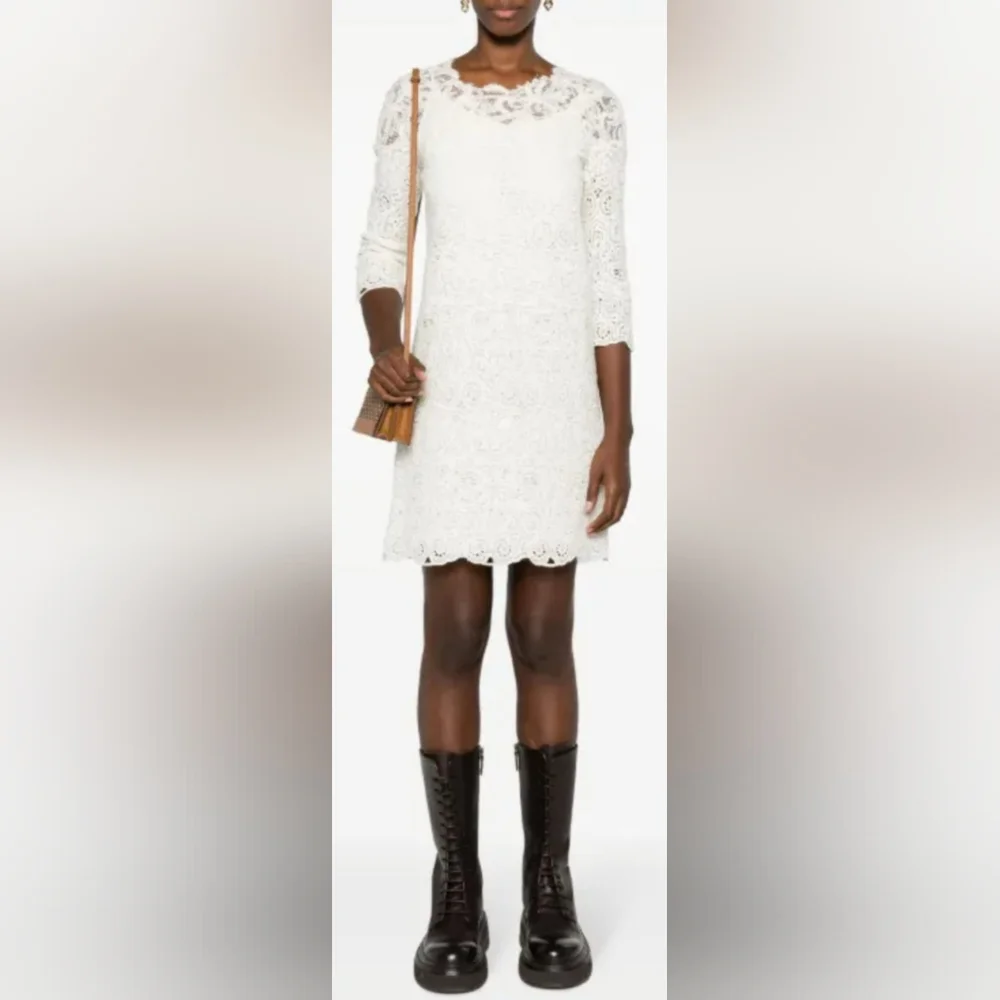 Ralph Lauren 100%Cotton White Crochet Sheath Dress 3/4 Sleeve Crew Neck Lined M - Picture 12 of 16